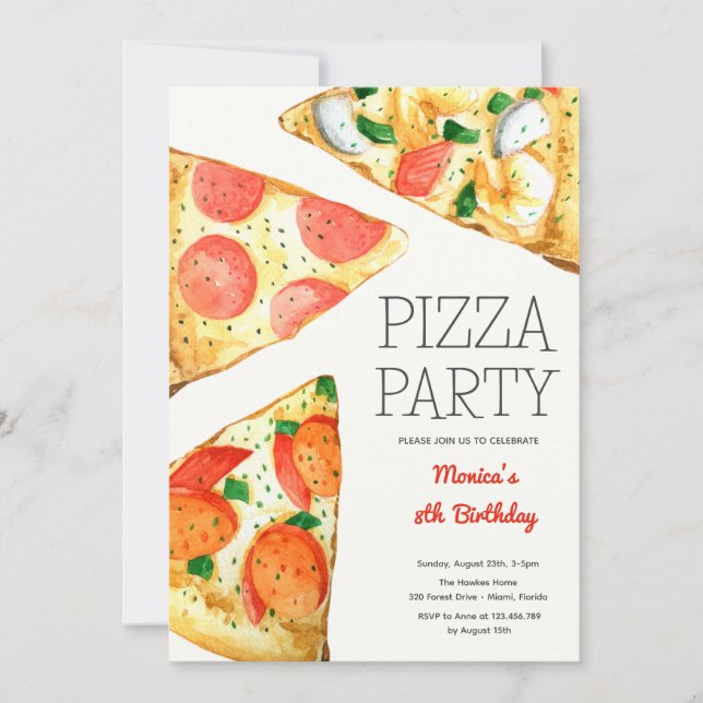 Watercolor pizza party birthday invitation (Front)