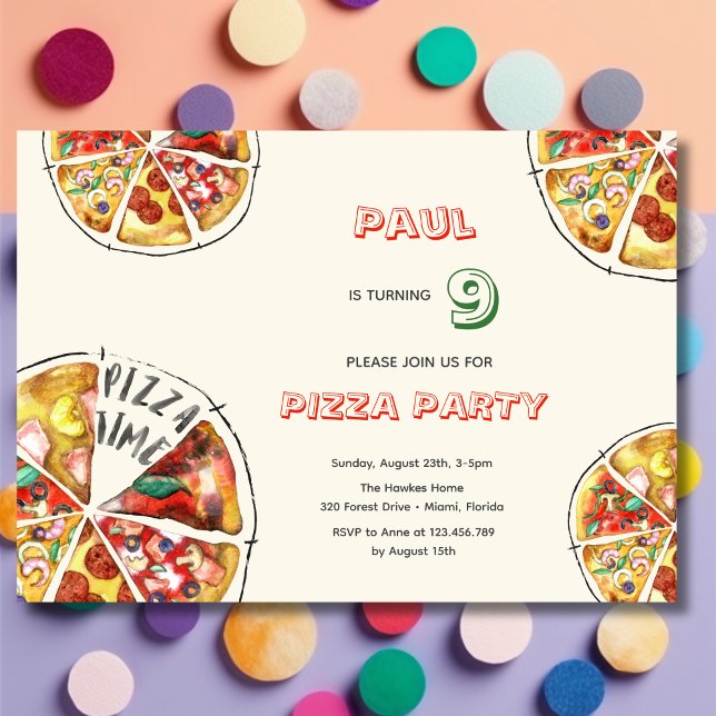 Watercolor pizza party birthday invitation (Creator Uploaded)