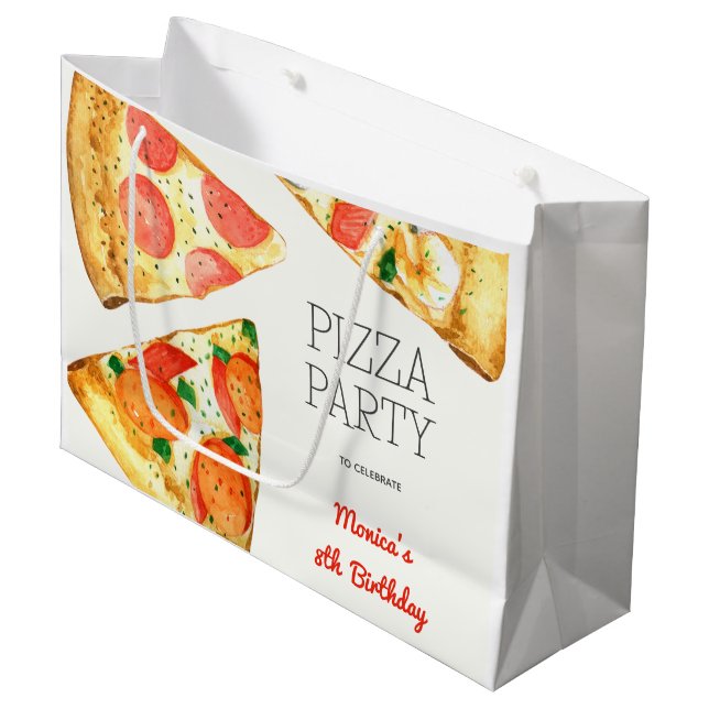 Watercolor pizza party birthday large gift bag (Front Angled)