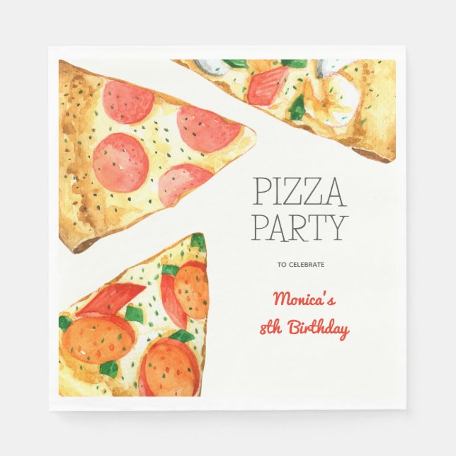 Watercolor pizza party birthday napkin (Front)