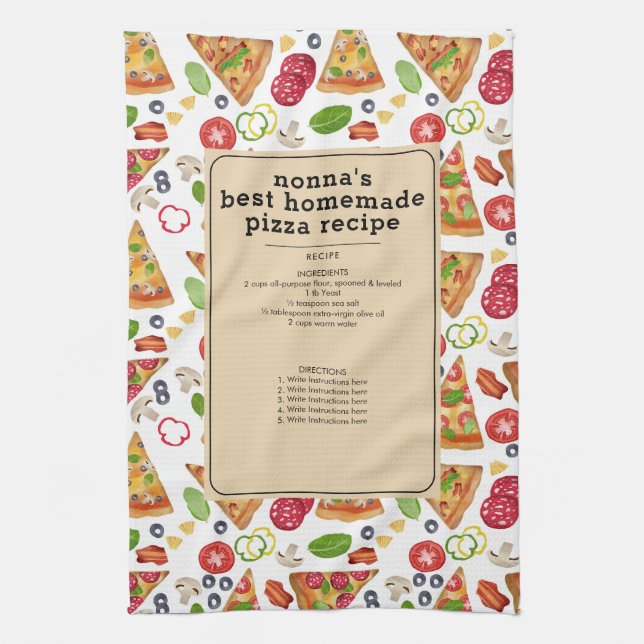 Watercolor Pizza Slices Nonna Grandma Recipe Tea Towel (Vertical)