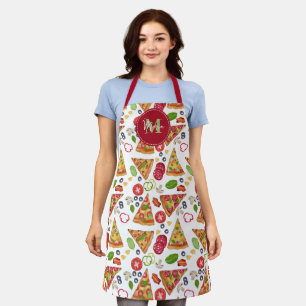 Watercolor Pizza Slices Pattern Italian Monogram Apron
