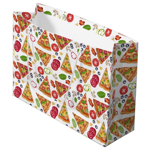 Watercolor Pizza Slices Pattern Large Gift Bag (Front Angled)