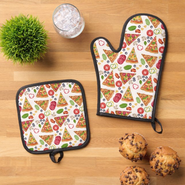 Watercolor Pizza Slices Pattern Oven Mitt & Pot Holder Set (Top Down)