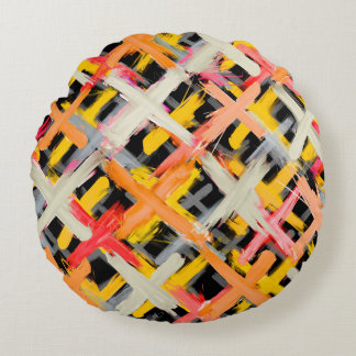 Watercolor plaid, bold, colourful, diagonal. round cushion