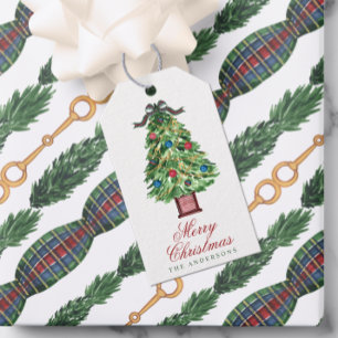 Watercolor Plaid Bow Equestrian Christmas Tree Gift Tags