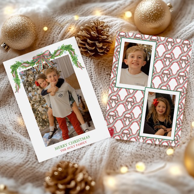 Watercolor Plaid Bow Garland Christmas Holiday Card (Creator Uploaded)