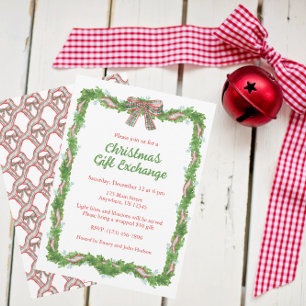 Watercolor Plaid Bow Garland Christmas Invitation