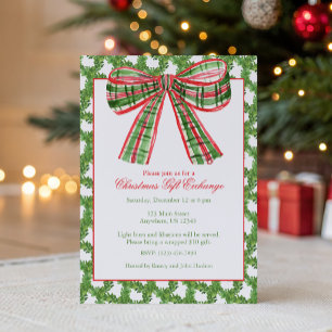 Watercolor Plaid Bow Lattice Christmas Party Invitation