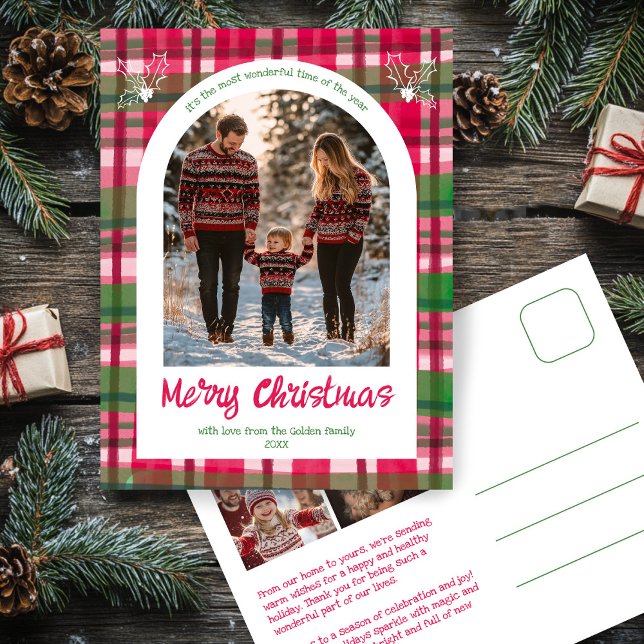 Watercolor Plaid Christmas Custom Arch 3 Photo  Holiday Postcard (Watercolor Plaid Rustic Minimalist Christmas Arched Photo 3 Photo CUSTOM Holiday Postcard
)