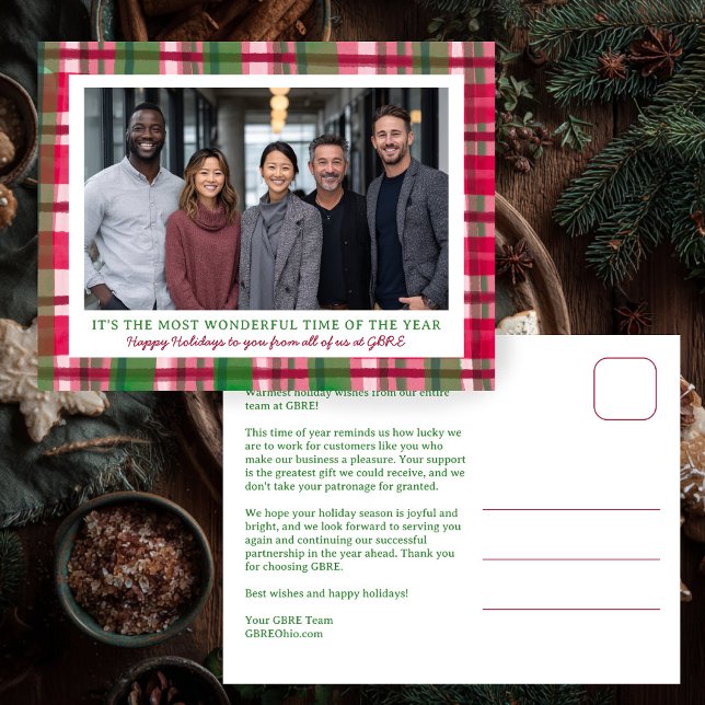 Watercolor Plaid Christmas Custom Photo Business Holiday Postcard (Watercolor Plaid Christmas Custom Photo Business Corporate Office Holiday Postcard
)