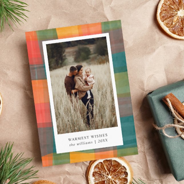 Watercolor Plaid | Green Orange 2 Photo  Holiday Card (Creator Uploaded)