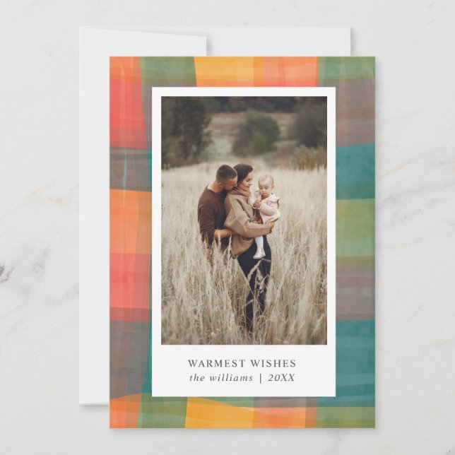 Watercolor Plaid | Green Orange Photo  Holiday  Card (Front)