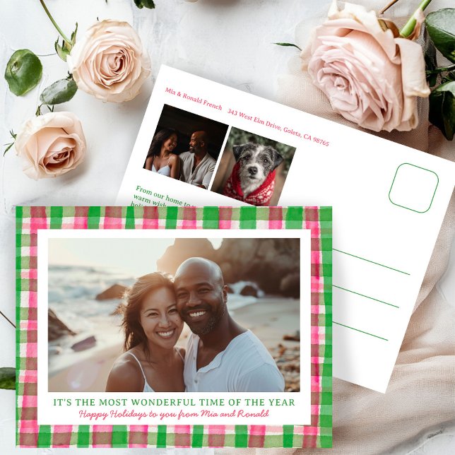 Watercolor Plaid Handmade Christmas Custom 3 Photo Holiday Postcard (Watercolor Plaid Handmade Christmas Custom 3 Photo Holiday Postcard Pink Green Preppy
)