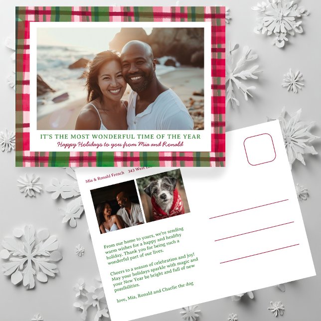 Watercolor Plaid Handmade Christmas Custom 3 Photo Holiday Postcard (Watercolor Plaid Rustic Handmade Christmas Custom 3 Photo Holiday Postcard
)