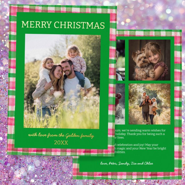 Watercolor Plaid Handmade Christmas Custom 5 Photo (Watercolor Plaid Handmade Christmas Custom 5 Photo Foil Pink Green Holiday Card
)