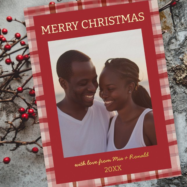 Watercolor Plaid Handmade Christmas Custom Photo (Watercolor Red Plaid Handmade Christmas Custom Photo Foil Holiday Card
)