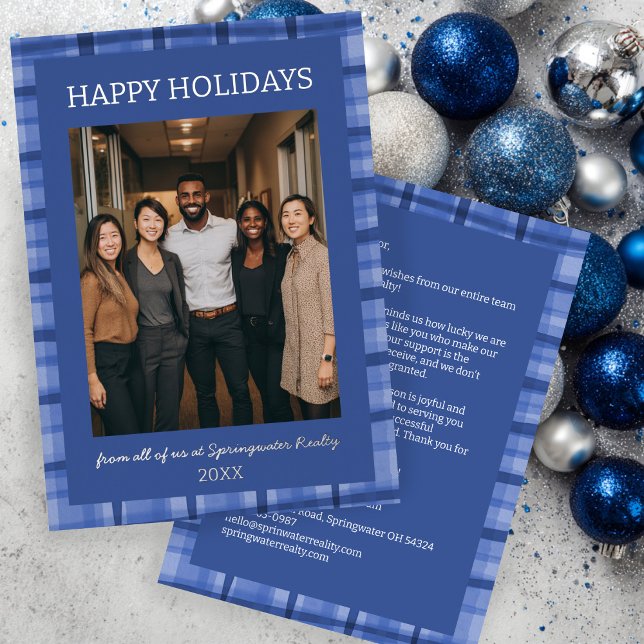 Watercolor Plaid Handmade Custom Photo Business  (Watercolor Plaid Handmade Custom Photo Business Corporate Silver Foil Holiday Card
)