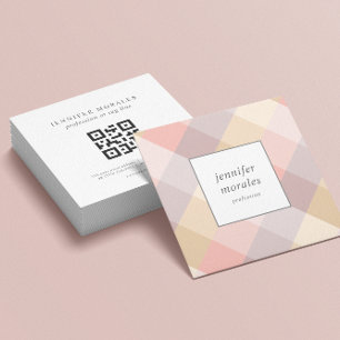 Watercolor Plaid Mauve Grey Pink Cream Yellow QR  Square Business Card