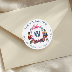 Watercolor Plaid Nutcracker Bear Monogram Crest Classic Round Sticker