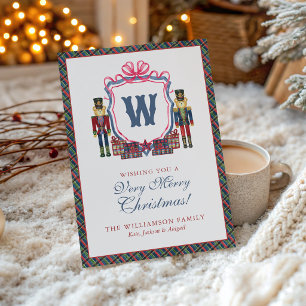 Watercolor Plaid Nutcracker Bear Monogram Crest Holiday Card