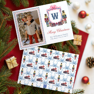 Watercolor Plaid Nutcracker Bear Monogram Crest Holiday Card