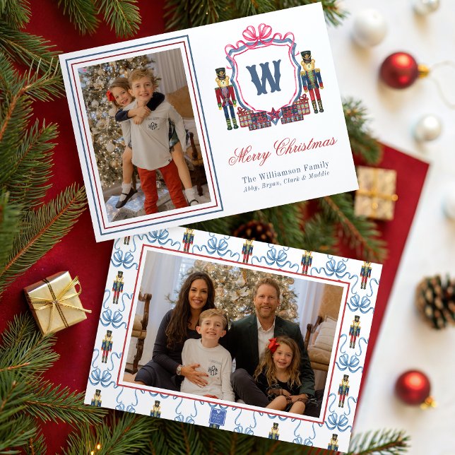 Watercolor Plaid Nutcracker Bear Monogram Crest Holiday Card (Creator Uploaded)