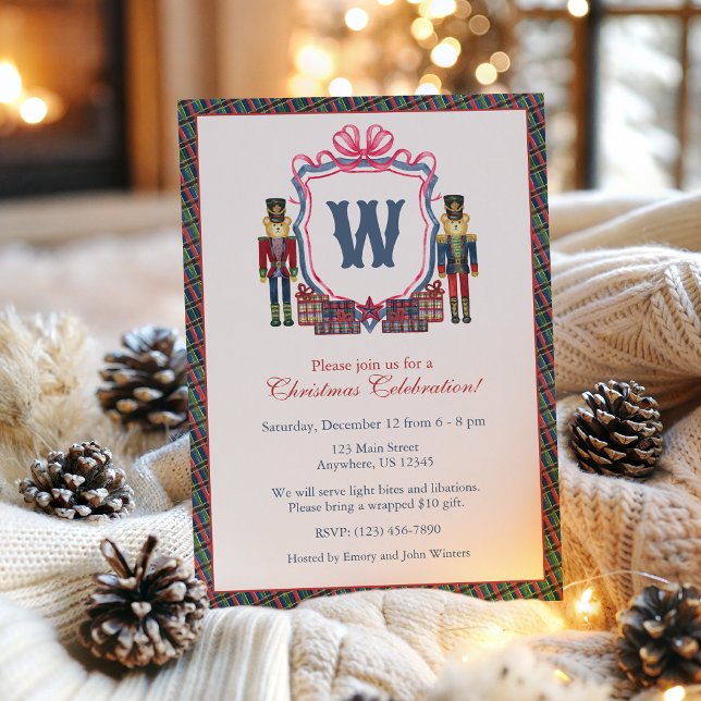 Watercolor Plaid Nutcracker Bear Monogram Crest Invitation (Creator Uploaded)