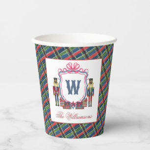 Watercolor Plaid Nutcracker Bear Monogram Crest Paper Cups