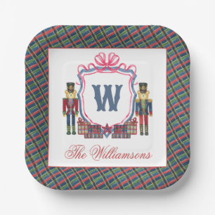 Watercolor Plaid Nutcracker Bear Monogram Crest Paper Plate