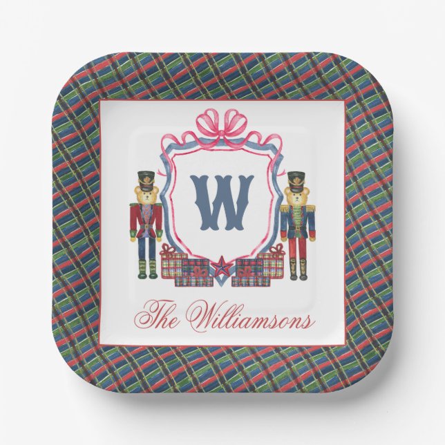 Watercolor Plaid Nutcracker Bear Monogram Crest Paper Plate (Front)