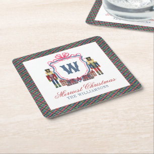 Watercolor Plaid Nutcracker Bear Monogram Crest Square Paper Coaster