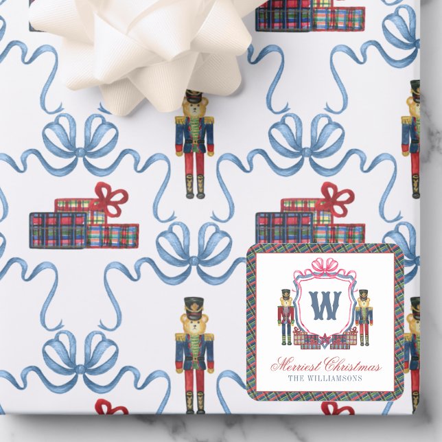 Watercolor Plaid Nutcracker Bear Monogram Crest Square Sticker (Creator Uploaded)