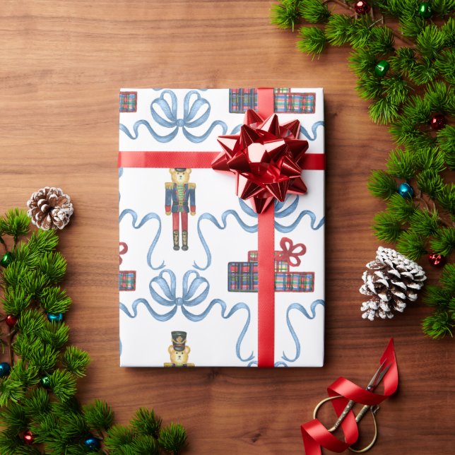 Watercolor Plaid Nutcracker Bear Monogram Crest Wrapping Paper (Holiday Gift)
