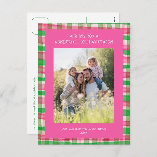 Watercolor Plaid Pink Christmas Custom 3 Photo  Holiday Postcard (Front/Back)