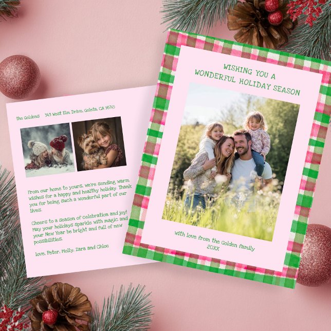 Watercolor Plaid Pink Christmas Custom 3 Photo  Holiday Postcard (Watercolor Plaid Pink Christmas Custom 3 Photo Holiday Postcard
)