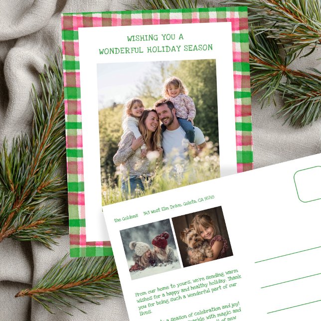 Watercolor Plaid Pink Christmas Custom 3 Photo  Holiday Postcard (Watercolor Plaid Pink Green Christmas Custom 3 Photo Holiday Postcard
)