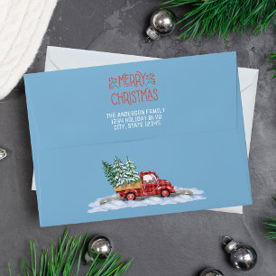 Watercolor Plaid Red Truck Blue Merry Christmas Envelope