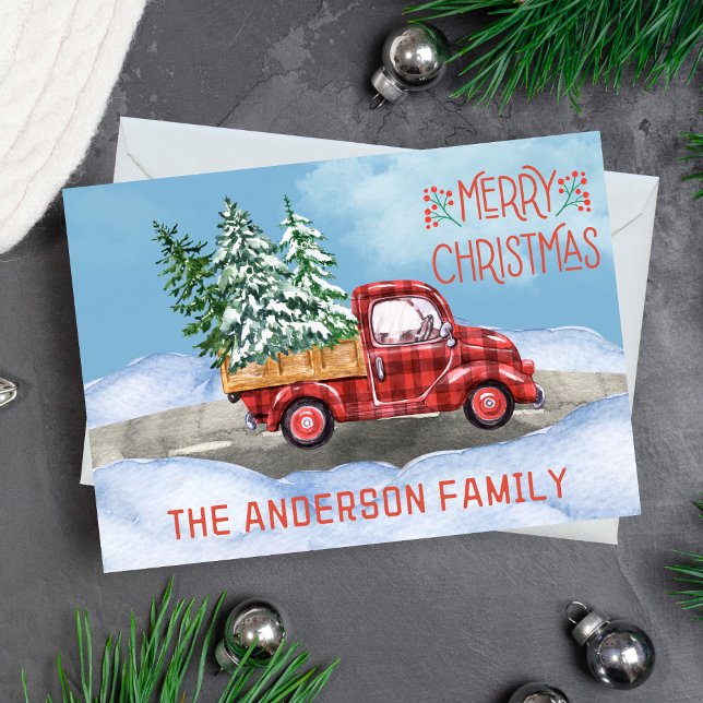 Watercolor Plaid Red Truck Snow Merry Christmas Holiday Card (watercolor Merry Christmas card with red and black buffalo plaid truck carrying Christmas trees)