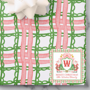 Watercolor Plaid Santa Monogram Crest Gift Square Sticker