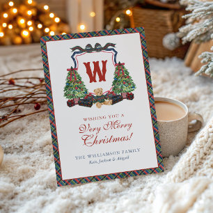 Watercolor Plaid Sweater Bear Monogram Crest Card