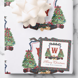 Watercolor Plaid Sweater Bear Monogram Crest Card
