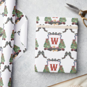 Watercolor Plaid Sweater Bear Monogram Crest Card Wrapping Paper