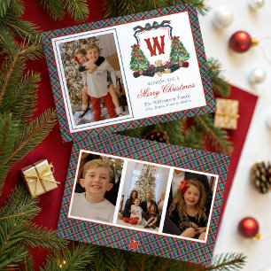 Watercolor Plaid Sweater Bear Monogram Crest Holiday Card