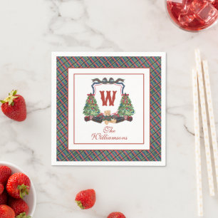 Watercolor Plaid Sweater Bear Monogram Crest Napkin