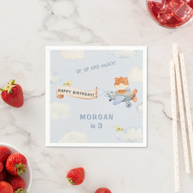 Watercolor Plane Cute Fox Birthday Party Napkin (Insitu)