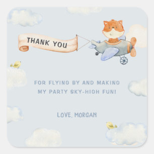 Watercolor Plane Cute Fox Birthday Party Square Sticker