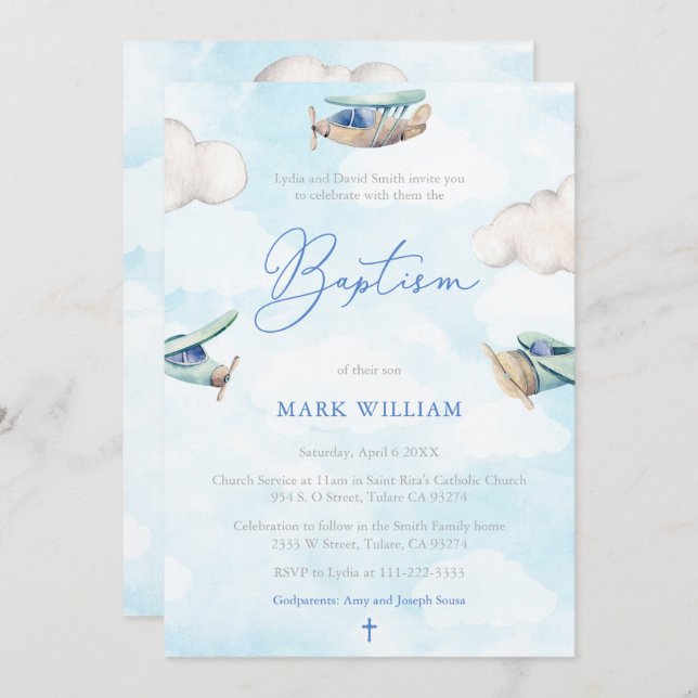 Watercolor Planes Sky Clouds Boy Baptism Party Invitation (Front/Back)