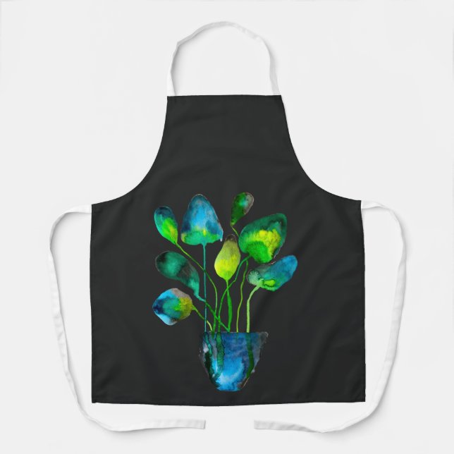 Watercolor plant art green and blue abstract apron (Front)