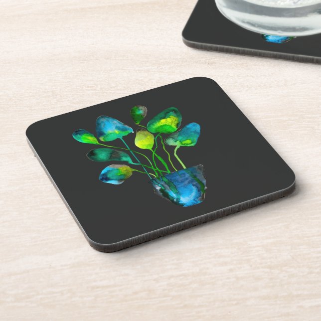 Watercolor plant art green and blue abstract coaster (Left Side)